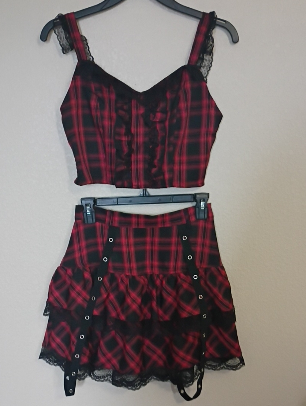 Red & Black Plaid Lace Trim Two-Piece Set Shirt And Skirt - Picture 4 of 7
